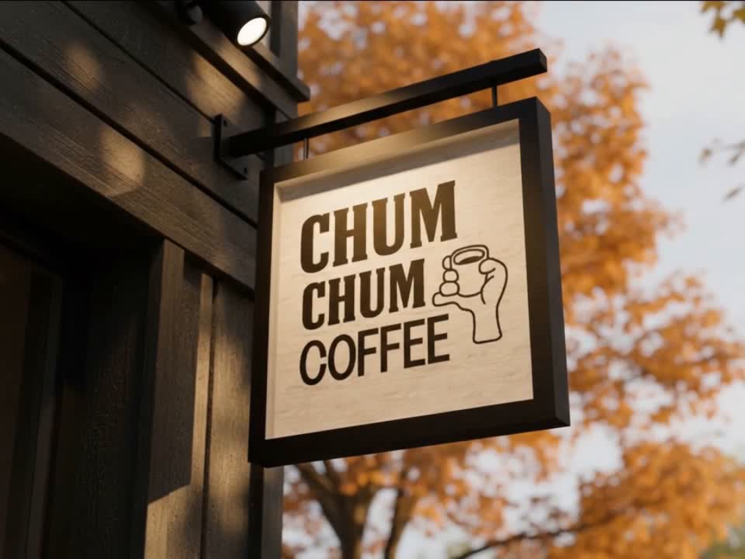 Sign for Chum Chum Coffee with autumn trees in the background