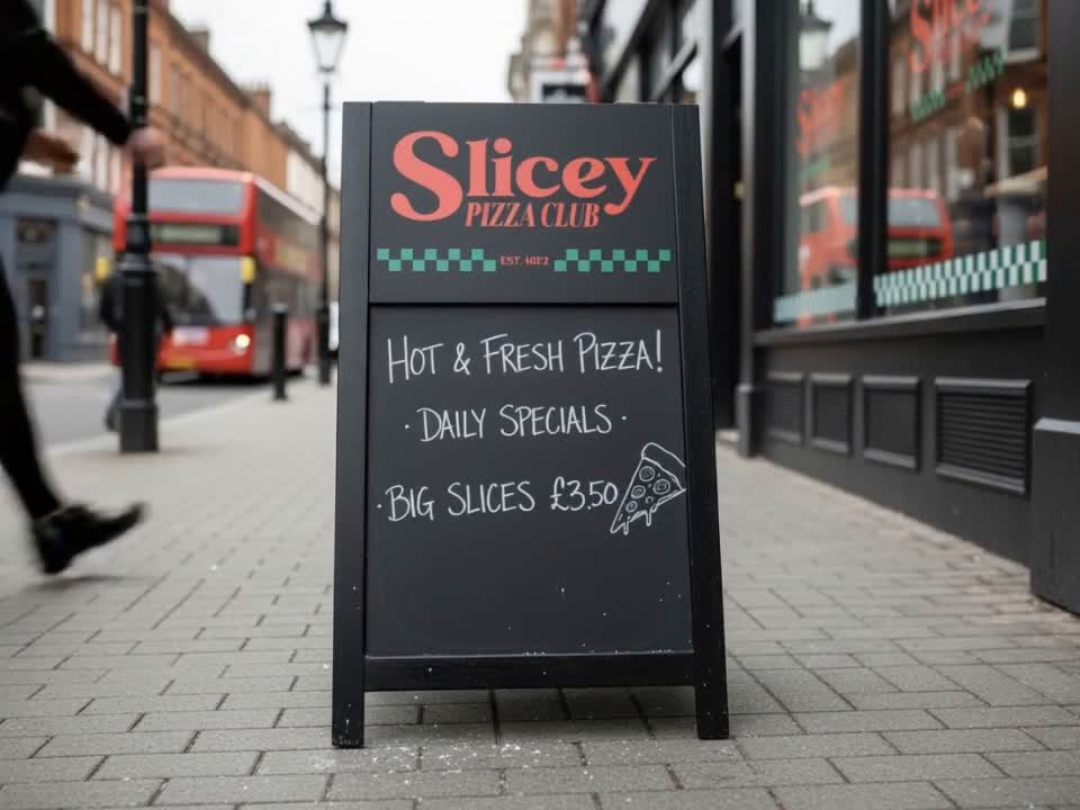 Outdoor sign for Slicey Pizza Club on a city street with a double-decker bus in the background.